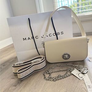 Marc Jacobs The Turn Lock, Logo, Leather Mini Crossbody Bag Marshmallow